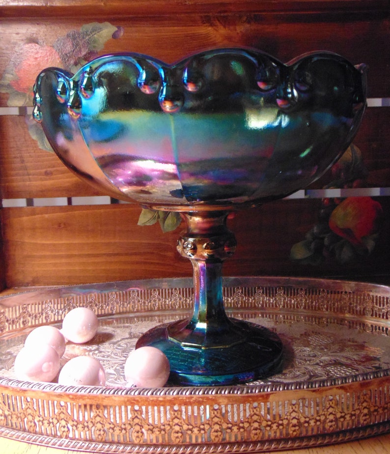 Vintage Large Indiana CARNIVAL GLASS Blue COMPOTE with Teardrop Pattern Purple Blue Green Shades Candy Dish Centerpiece Bowl