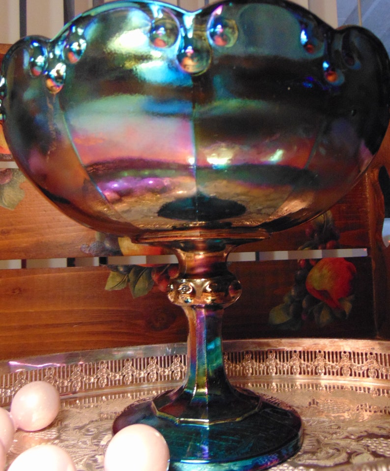 Vintage Large Indiana CARNIVAL GLASS Blue COMPOTE with Teardrop Pattern Purple Blue Green Shades Candy Dish Centerpiece Bowl