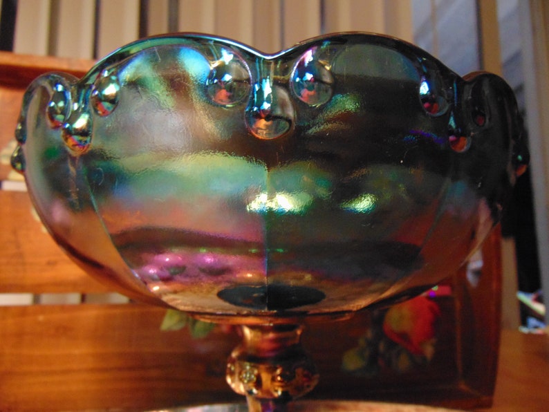 Vintage Large Indiana CARNIVAL GLASS Blue COMPOTE with Teardrop Pattern Purple Blue Green Shades Candy Dish Centerpiece Bowl