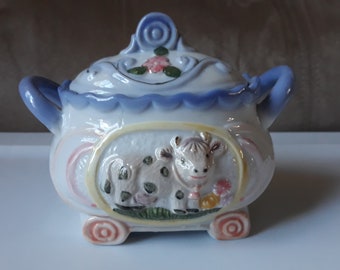 COW SUGAR BOWL Ceramic Covered Cow Dish Farmhouse Country Cottagecore Farm Kitchen