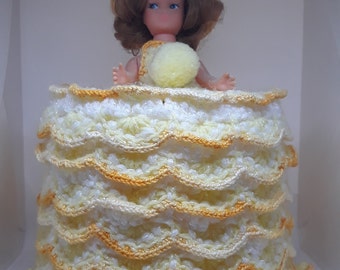 DOLL Toilet PAPER Holder CROCHETED Yellow Dress and Bonnet Cute Vintage Bathroom Kitsch