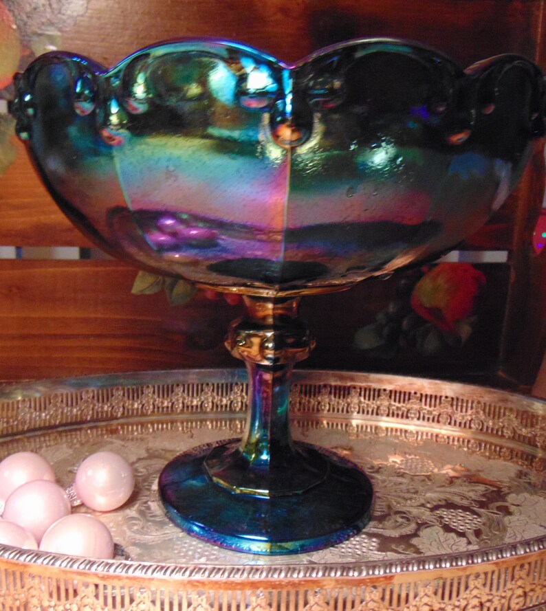 Vintage Large Indiana CARNIVAL GLASS Blue COMPOTE with Teardrop Pattern Purple Blue Green Shades Candy Dish Centerpiece Bowl