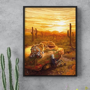 May include: A painting of a tiger lying on a vintage car in a desert landscape. The sun is setting in the background, casting a warm glow over the scene. A person is sitting on the ground near the car, looking at the sunset.