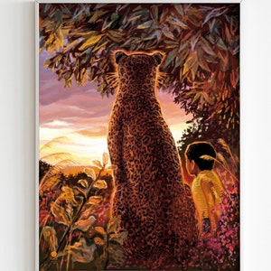 Peut inclure: Un grand léopard tacheté est assis dans une jungle, regardant un coucher de soleil avec un jeune à ses côtés.