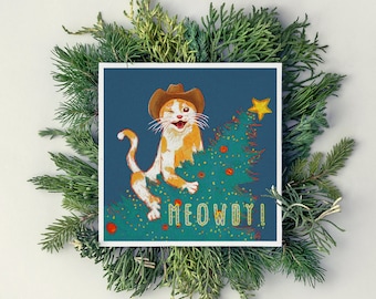Weihnachtskarte mit Umschlag "Katze im Weihnachtsbaum: Meowdy!"