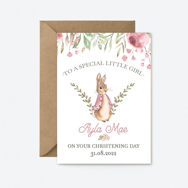 Personalised Girls Christening Card with Peter Rabbit, Customised Naming Day Card