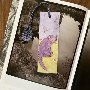 Bookmark - &#39;Moonlit Mischief’ featuring Pippin the Cat - Watercolour and Ink on Paper and crochet leaf tassel