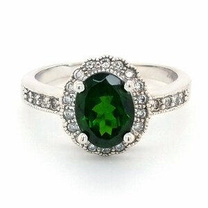 Chrome Diopside and Diamond Halo Ring in 14kt White Gold