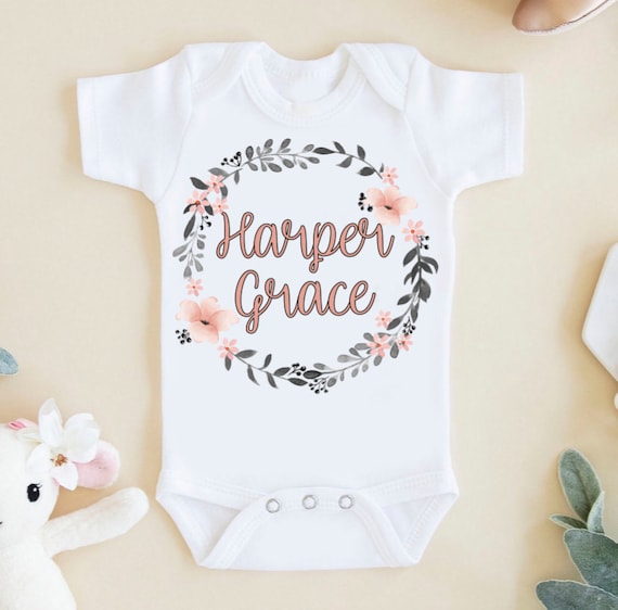 Baby Onesie Baby Clothing and Gifts Personalized Onesie or Childs T-Shirt Baby Floral Name Onesie Baby/'s Flora Wreath Onesie