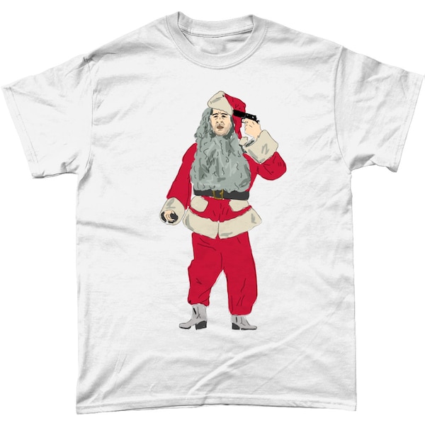 Dan Aykroyd 'Santa with a gun' - white tee - Trading Places full colour Christmas illustration