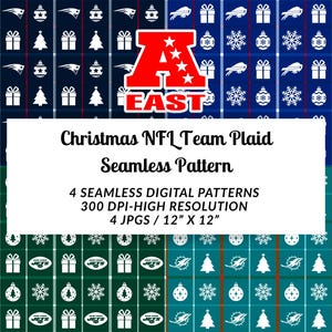 May include: A digital pattern featuring four seamless designs with Christmas and NFL team themes. The patterns include team logos, Christmas trees, gifts, and snowflakes on a plaid background. The image text reads "Christmas NFL Team Plaid Seamless Pattern".