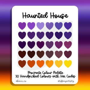 May include: A Procreate color palette called "Haunted House" with 30 handpicked colors, displayed as hearts in shades of purple, brown, orange, and yellow. The palette includes hex codes for each color.