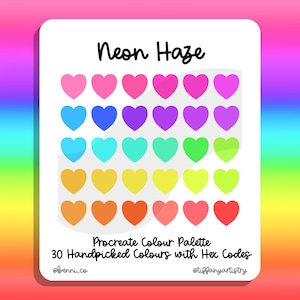 Neon Haze Procreate Colour Palette: 30 Handpicked Rainbow Swatchess with Hex Codes (Digital Download)