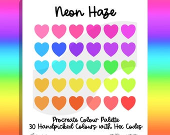 Neon Haze Procreate Colour Palette: 30 Handpicked Rainbow Swatchess with Hex Codes (Digital Download)