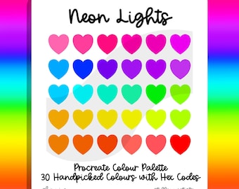 Neon Lights Procreate Colour Palette: 30 Handpicked Rainbow Swatches with Hex Codes (Digital Download)