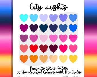 City Lights Procreate Färgpalett: 30 handplockade livfulla färgprover med hexagonkoder (digital nedladdning)