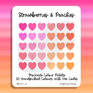 May include: A digital Procreate color palette with 30 handpicked colors in shades of pink and orange, displayed in a grid of hearts. The title "Strawberries & Peaches" is at the top, and the text "Procreate Colour Palette 30 Handpicked Colours with Hex Codes" is at the bottom.