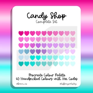 May include: A digital color palette for Procreate with 60 handpicked colors displayed as hearts in a gradient pattern. The colors range from pink to purple to blue and turquoise. The text "Candy Shop Complete Set" and "Procreate Colour Palette 60 Handpicked Colours with Hex Codes" is included in the image.