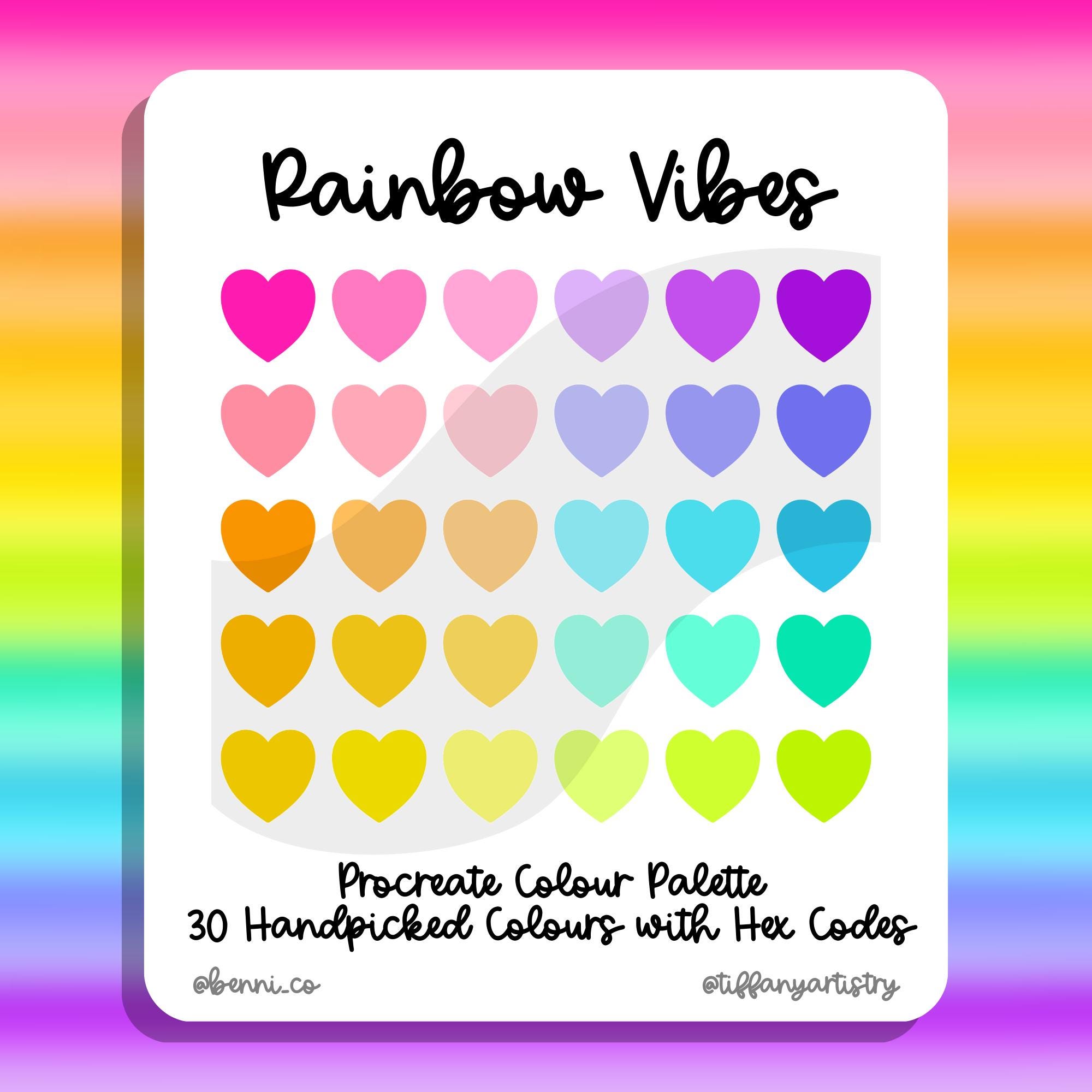 Paleta de colores para Procreate Rainbow Vibes – 30 muestras seleccionadas con códigos hex | Descarga instantánea
