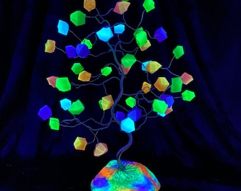 Glow in the Dark Neon UV Reactive Holographic Metallic Tree in Silver, Black, Gold or Copper, Blacklight Art, Dorm Decor, Birthday Gift Idea