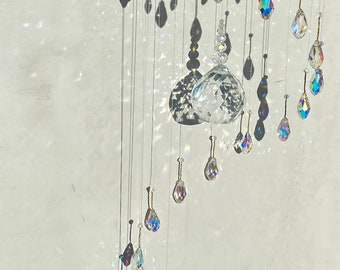 Gold Holographic Crystal Suncatcher, With Iridescent Rainbow Teardrop Beads, Graduation Decoration, Mother's Day Gift Idea