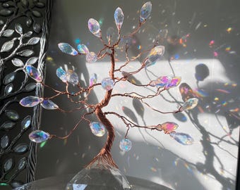 Copper Crystal Prism Tree, Glow in the Dark Holographic Wedding Gift Idea, Valentine's day Winter decor, Birthday and Anniversary Gift Idea