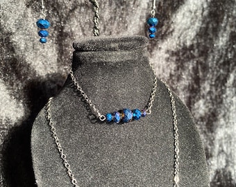 Holographic Blue Rhodonite Jewelry Set, Earrings, Bracelet and Necklace, Dark Silver Style