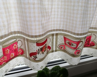 Cottage curtain TEA CUPS teecaps red Patchwork shabby style cottage bistro curtain