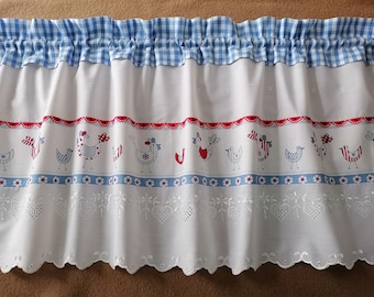 Country house curtain EASTER, bistro curtain blue, Provence, CHICKEN, COCK, chickens, country house, shabby style