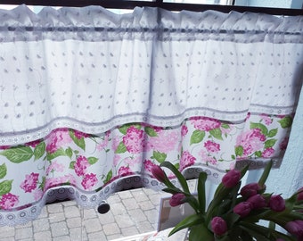 Country house curtain, bistro curtain HYDRANGEAS pink , shabby style, provence