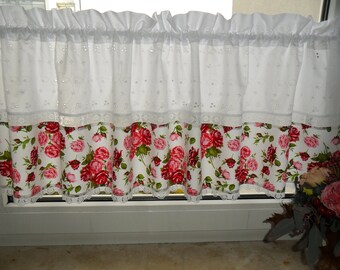 Country house curtain , bistro curtain , roses , shabby style ,vintage,provence, rideau de cuisine
