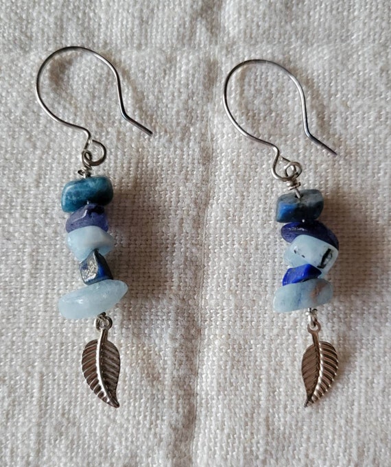 Leaf, blue apatite, and blue stone dangle earrings