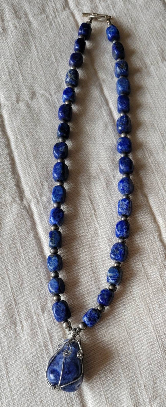 Vintage wrapped sodalite and bead necklace with fa