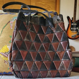 Vintage '70's Handmade Geometric Patchwork Leather Handbag Small Tote