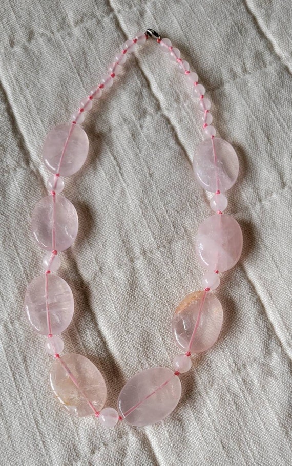Vintage handmade rose quartz necklace with pink st