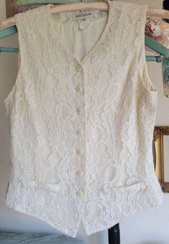 Vintage '80's Ann Taylor lace button-up vest; pra… - image 1
