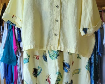 Vintage Tom Tom of California Linen Set Short Sleeve Fish Top & Crop Pants