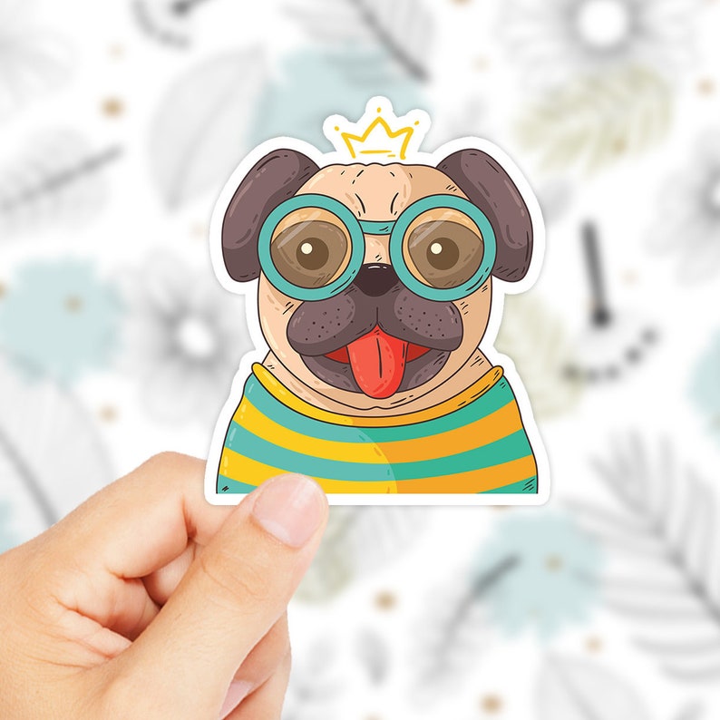 May include: A cartoon pug wearing round blue sunglasses and a yellow and blue striped shirt with a gold crown on its head.