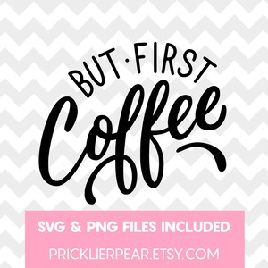May include: Black and white typography design with the text "But First Coffee" in a stylized script font. The design is on a gray chevron background.
