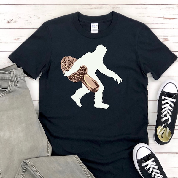 Morel Hunter T-Shirt - Bigfoot Foraging Morels Shirt - Morel Mushroom Shirt - Sasquatch Shirt - Mycologist Shirt - Mycology Shirt
