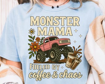 Vntage Monster Truck Mama Shirt, Fueled by Coffee and Chaos, Monster Truck Mom Shirts, Monster Truck Fan T Shirt for Women, Checkered Tee