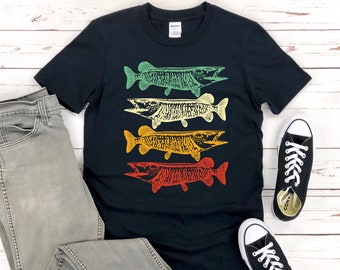 Cool Retro 70s 80s Inspired Muskie Fish T Shirt | Musky Fishing Gift | Fisherman Unique Gifts | Fishermen and Angler Apparel