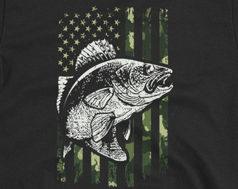 Camo American Flag Walleye Fishing T-Shirt | Fisherman | Fishermen Gifts | Camouflage Fish Shirt | Fishing Lover | Walleye Fisher Gift