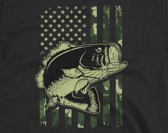 Camo American Flag Bass Fishing T-Shirt | USA Patriotic Bass Fish Shirt | Camouflage Fisherman | Fishermen Gifts | Dad Love Fishing Gift