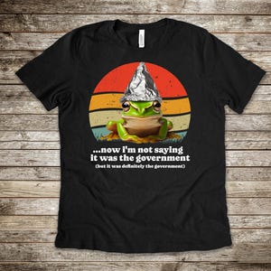 May include: Black t-shirt with a green frog wearing a foil hat, set against a retro sunset design. The text reads "...now I'm not saying it was the government (but it was definitely the government)".