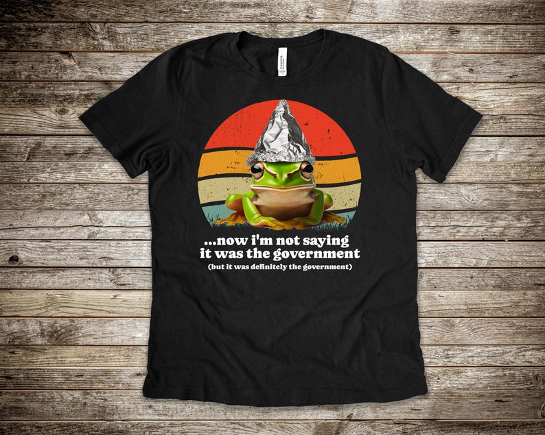May include: Black t-shirt with a green frog wearing a foil hat, set against a retro sunset design. The text reads "...now I'm not saying it was the government (but it was definitely the government)".