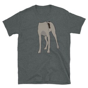 May include: A dark heather grey t-shirt with a graphic of a dog's rear end.