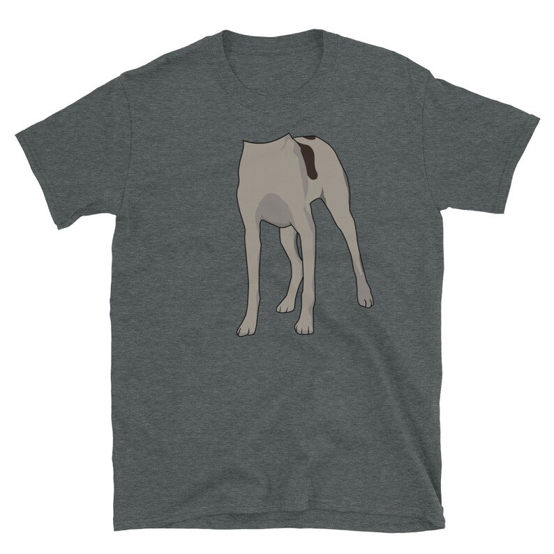 May include: A dark heather grey t-shirt with a graphic of a dog's rear end.