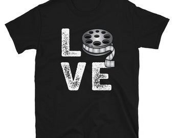 May include: Black t-shirt with white text that reads "LOVE" and a film reel graphic.