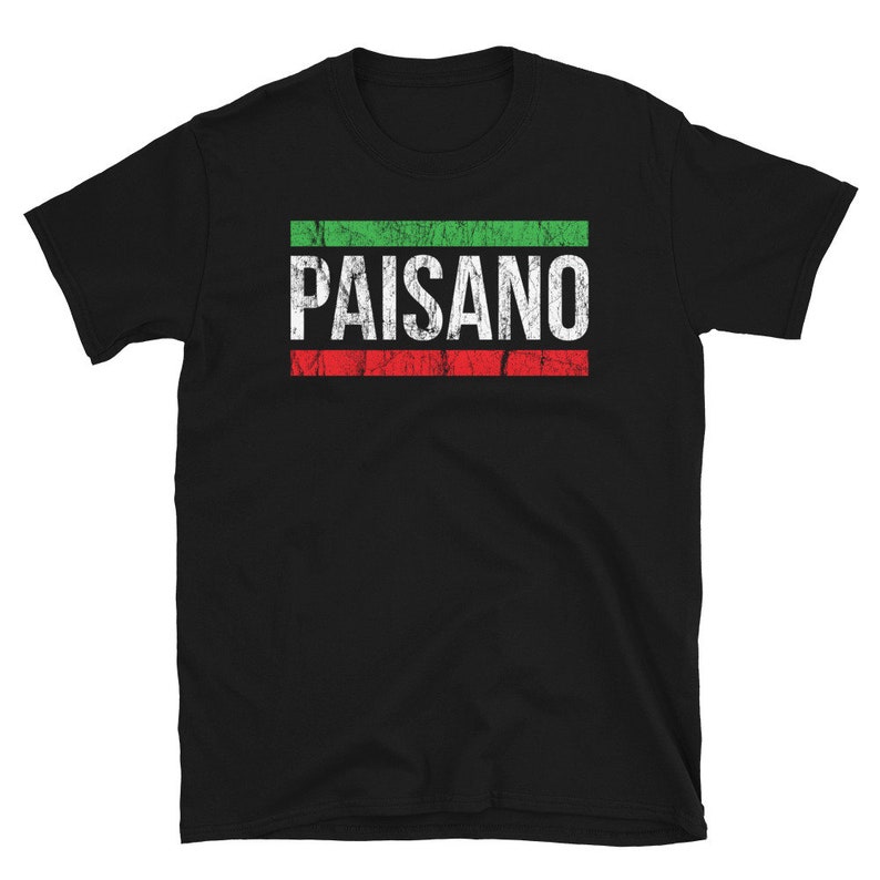 May include: Black t-shirt with a red, green, and white stripe design and the word "PAISANO" in white letters.